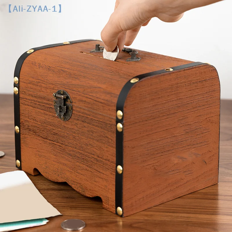 【ZYAA-1】مجموعة واحدة من صندوق تخزين الكنز العتيق، صندوق الكنز الخشبي مع قفل صندوق توفير منظم للبنك الخنزير