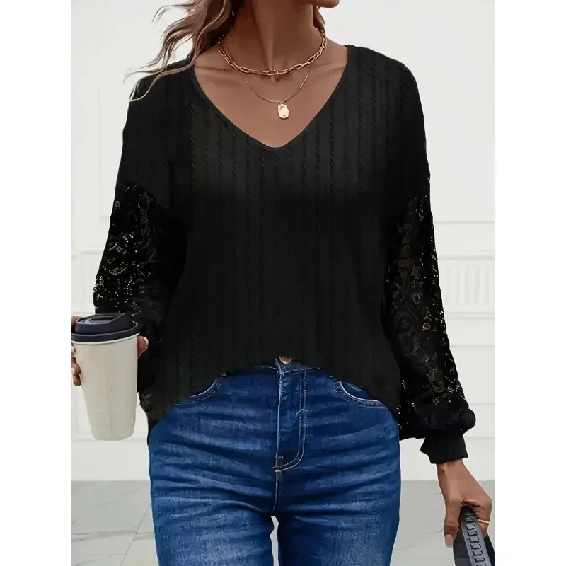 Women\'s Plus Size 1XL-5XL  Casual Comfortable Loose T-shirt Ladies Fashion Solid Contrast Lace Lantern Sleeve V Neck Top