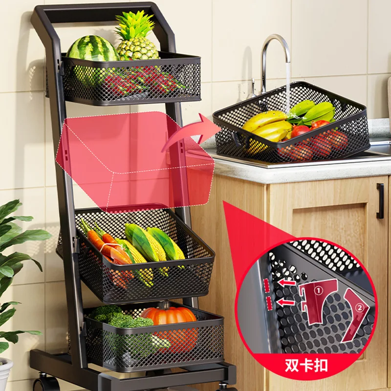 Trolley Rack Kitchen Fruit and Vegetable Basket Movable Storage Basket Floor Household Multi-Layer Article Storage Shelf