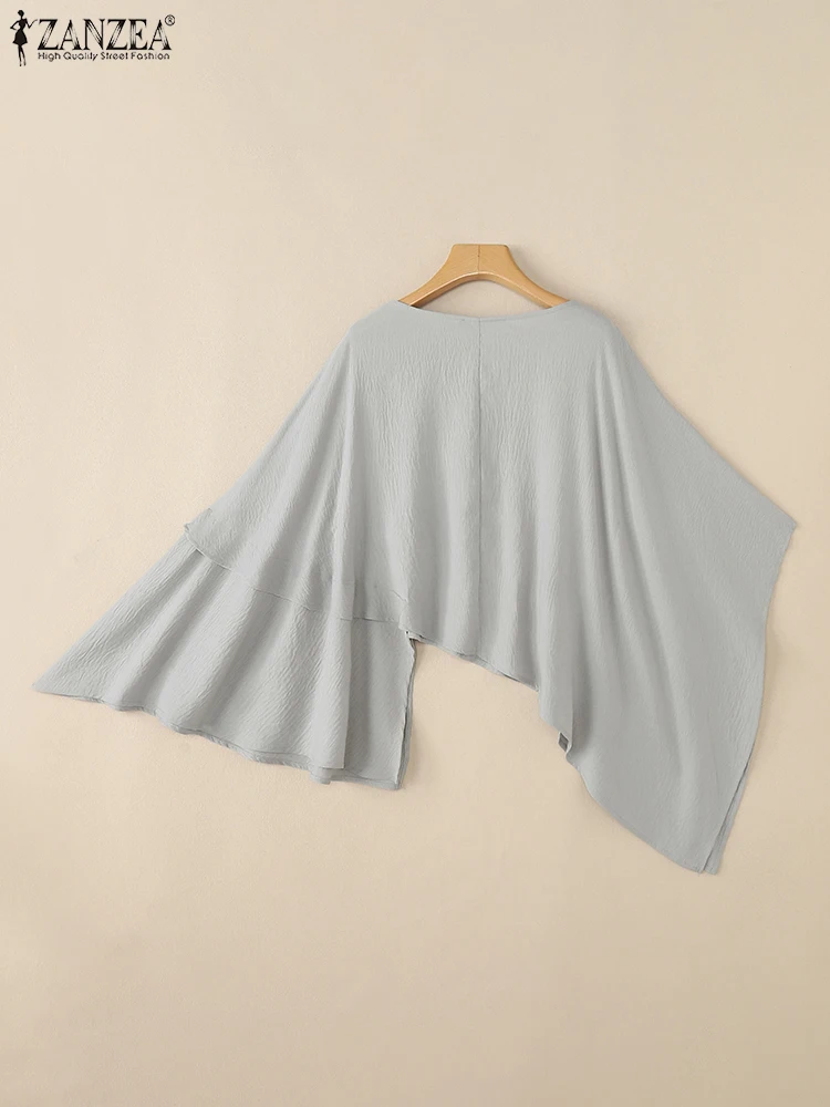 プラスサイズ 5XL ZANZEA 女性非対称ブラウス 2025 秋バットスリーブカジュアルトップス O ネック無地シャツルーズ韓国 Blusas