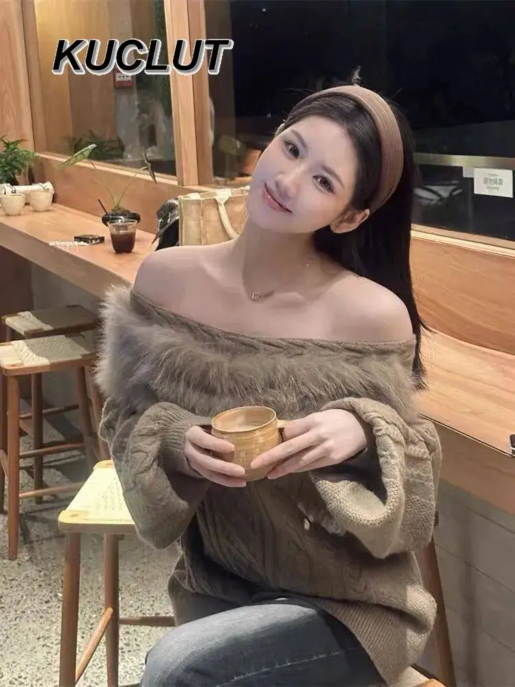 

Вязаный топ с открытыми плечами и меховым воротником для женщин, осенне-зимний теплый пуловер, свитера, свободный элитный элегантный свитер, топ