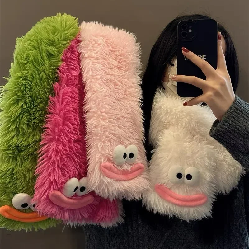 

Cute Sausage Mouth Scarves Solid Long Plush Women Winter Thicken Warm Cross Collar Scarf Trendy Soft Comfortable Scarf for Lady