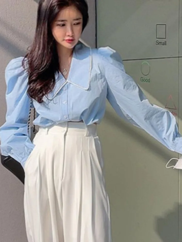 Azul faion irt design feminino cintura-emagrecimento ort bolha sve gola de boneca jovem único botão superior commute sle