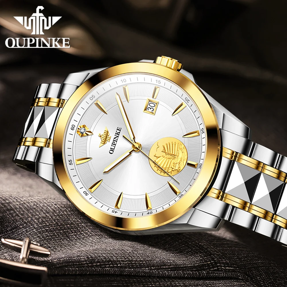 OUPINKE 3226 Original Luxury Men's Watch Dual Calendar Real Gold Wristwatches High Quality Tungsten Steel Mechanical Watches