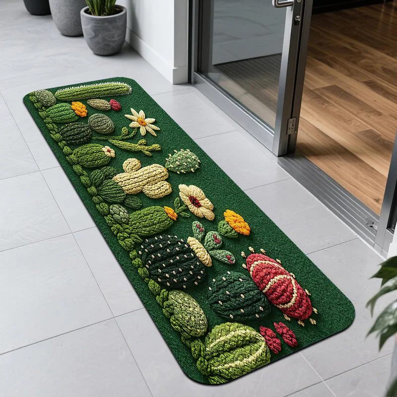 Crochet Cactus Floral Runner Rug, Green Flannel Floor Mat, Non-Slip Washable Soft Carpet for Kitchen Hallway RV Decor, 1PC