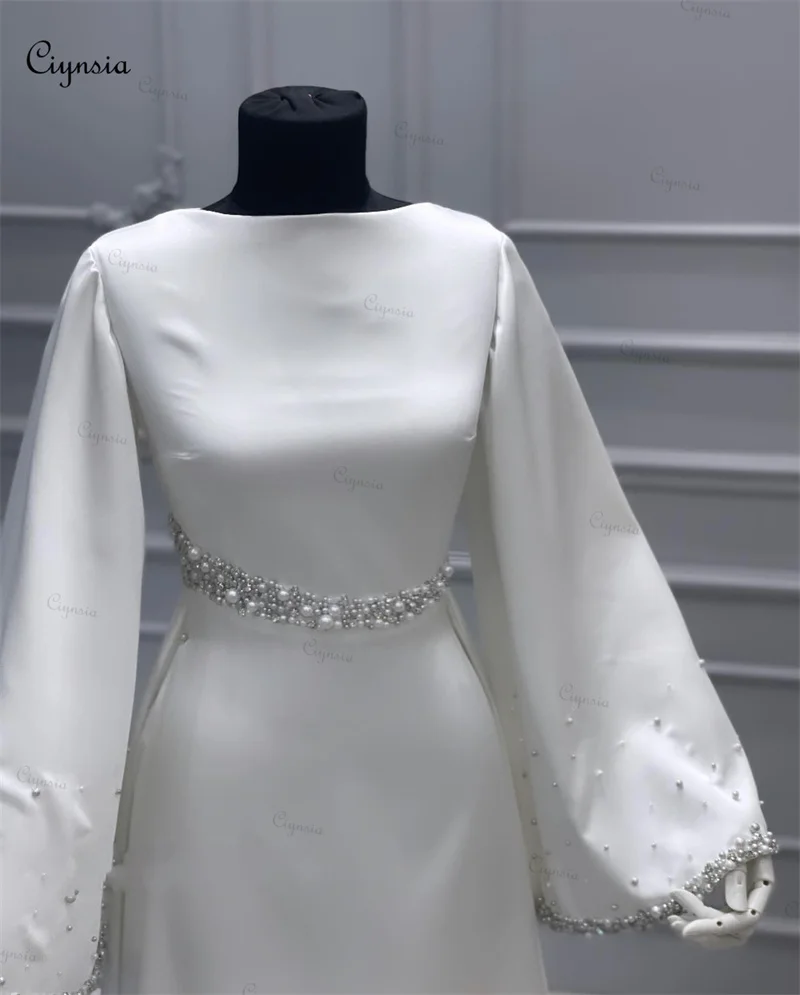 Ciynsia personalizado elegante manga longa vestido de casamento muçulmano 2025 noiva frisado pérolas marfim vestidos de noiva alta pescoço robe de mariée