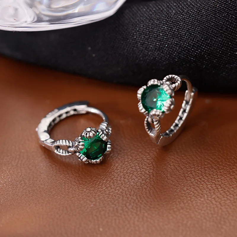 925 Sterling Silver Greem Zircon Ring Stud Earrings For Women Engagement Vintage High-end Luxury Jewelry Accessories Jewellery
