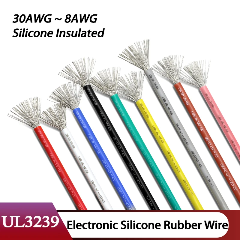 

2/5M UL3239 Electronic Silicone Rubber Wire 30/28/26/24/22/20/18/16/14/12/10/8AWG Soft Insulated DIY LED 3KV Tinned Copper Cable