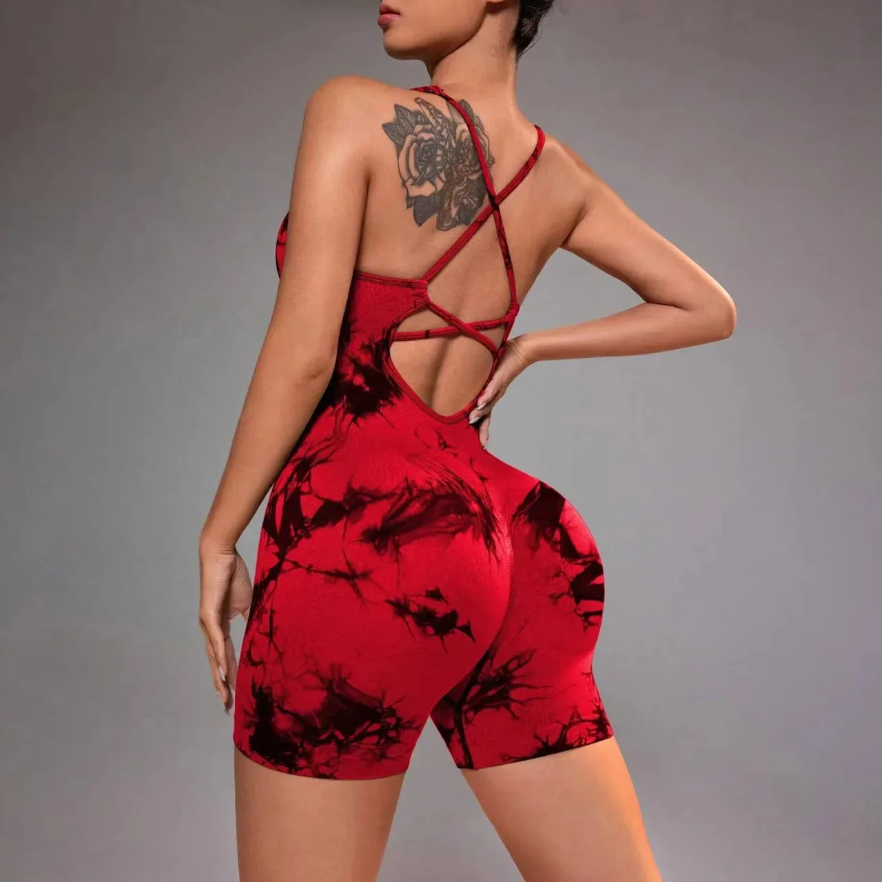 Cross Back Tie-Dye One Piece Yoga Shorts - Stylish Cropped Y