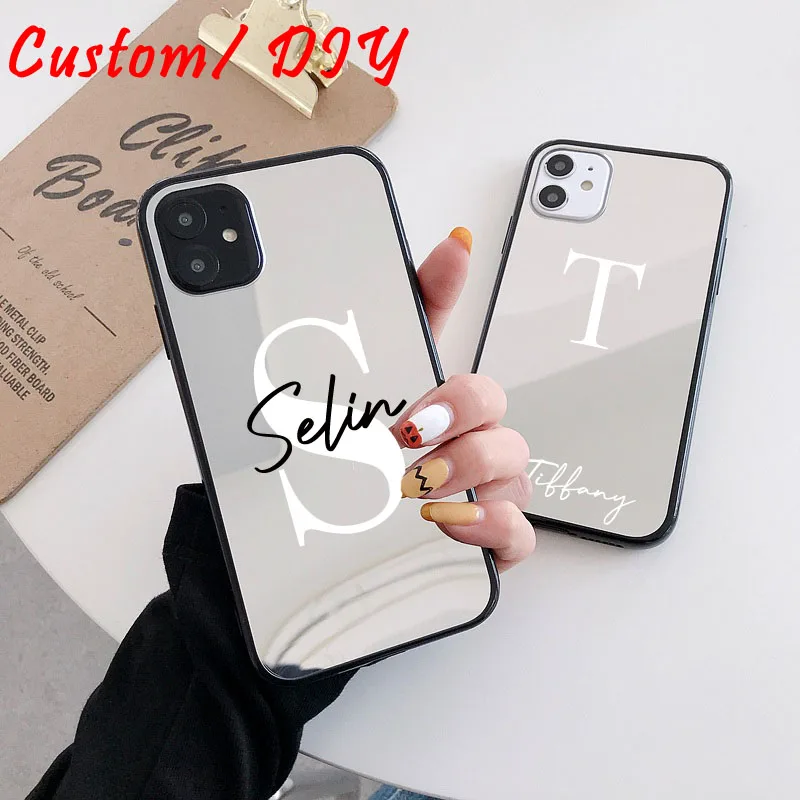 Personaliza Mirror Case Custom Monogram Initial Name Phone Cases For iPhone 13 12 11Pro Max Mini XS XR 7 8Plus soft mirror Cover