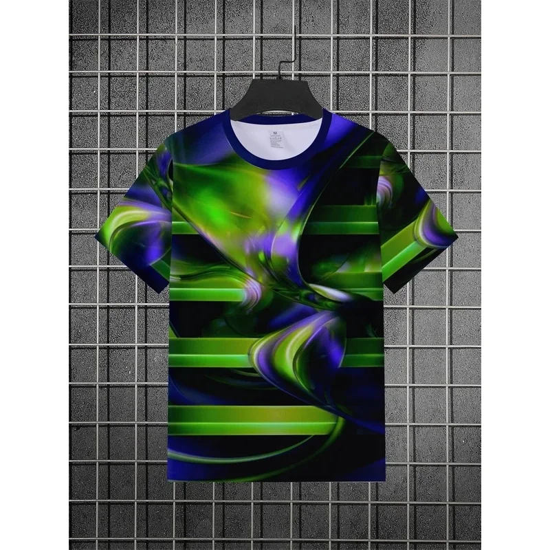 Men's Green and Purple Spiral Liquid Abstract Print Round Neck Short Sleeve T-Shirt