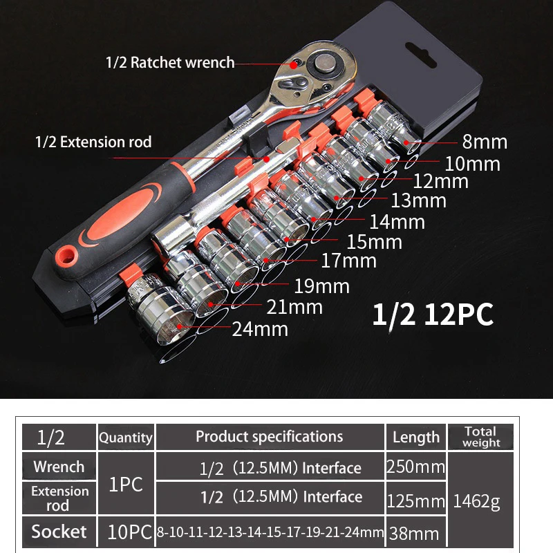 12pcs 1/2 Inch Socket Wrench Set Sockets Extension Rod Multi-function Ratchet Spanner Car Motorcycle Repair Hand Tool Kit