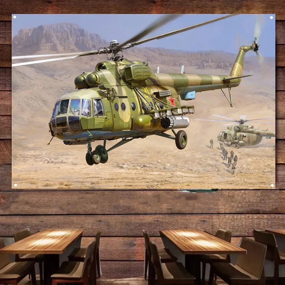 Mi-8MT Transport Helicopter Picture Wall Flag, Air Force Wall Art Poster Artwork Banner With 4 Metal Ring Buckles Ready to Hang
