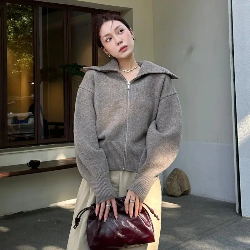 

C-Home 00% Wool Zipper Knitted Cardigan Thiened Casual Outerwear Early Spring New Arrival Women's Faion Korean Sle