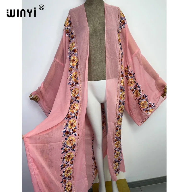 WINYI Embroidery Dress Beach Cover Up Bohemian All-match Sexy comfortable perspective home coat Elegant Holiday party Kimono