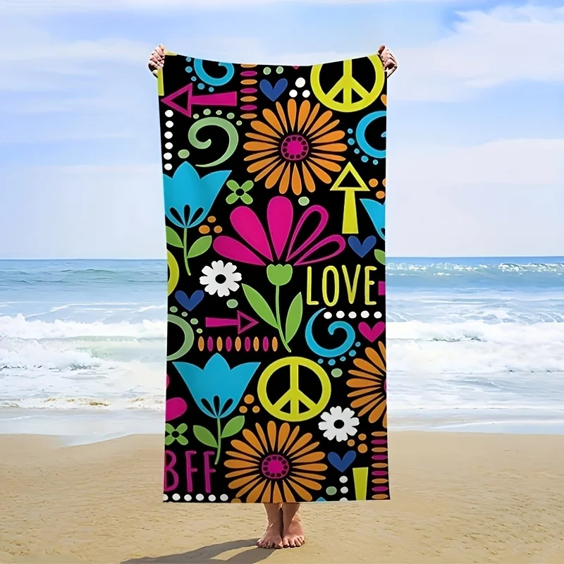 Bohemian Peace Sign Floral Print Beach Towel Quick Dry Absorbent Sandproof Lightweight for Travel Swimming Pool Hippie Style