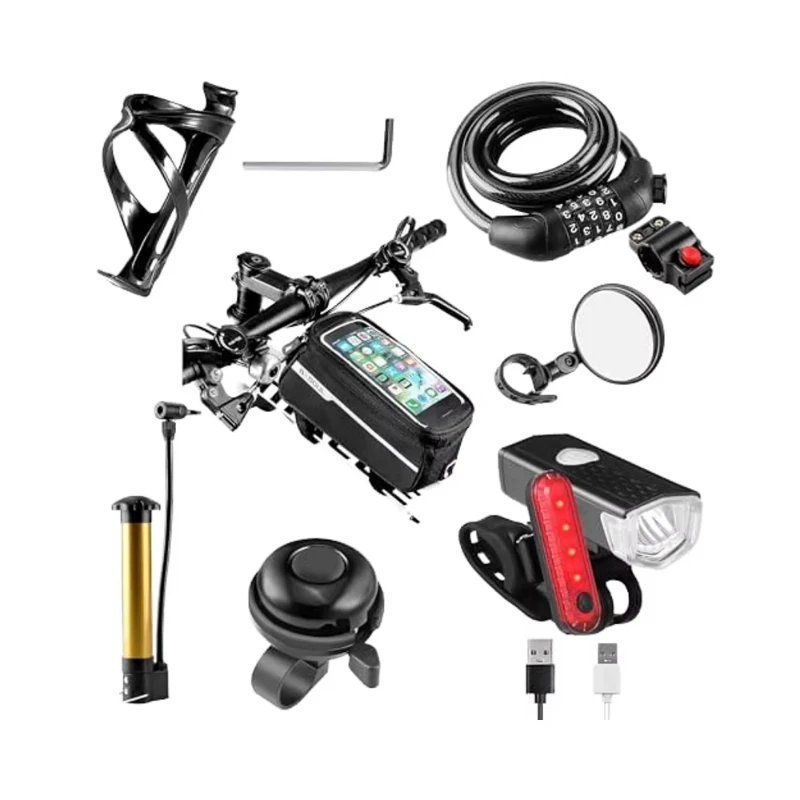 8-Piece Bicycle Accessory Set USB Rechargeable Light Emitting Diode Bicycle Light Waterproof Bicycle Bag