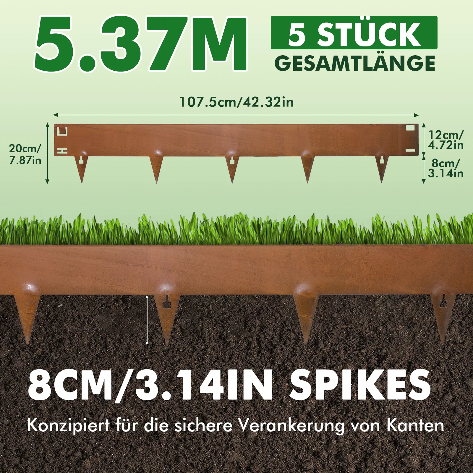 Rostfreie Stahl-Rasenkanten, Metall-Gartenkanten 15/16,5/20 cm hoch, einfach zu installieren, vorverrostete Gartenkanten, wartungsfreie Begrenzungen für Blumenbeete und Pflanzenbereiche, drei Größen