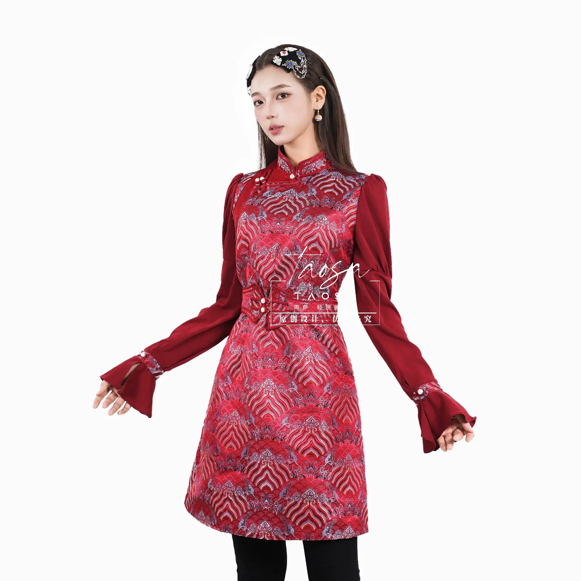 

Chinese Style Brocade Dress in Festive Red Graceful & Celebratory