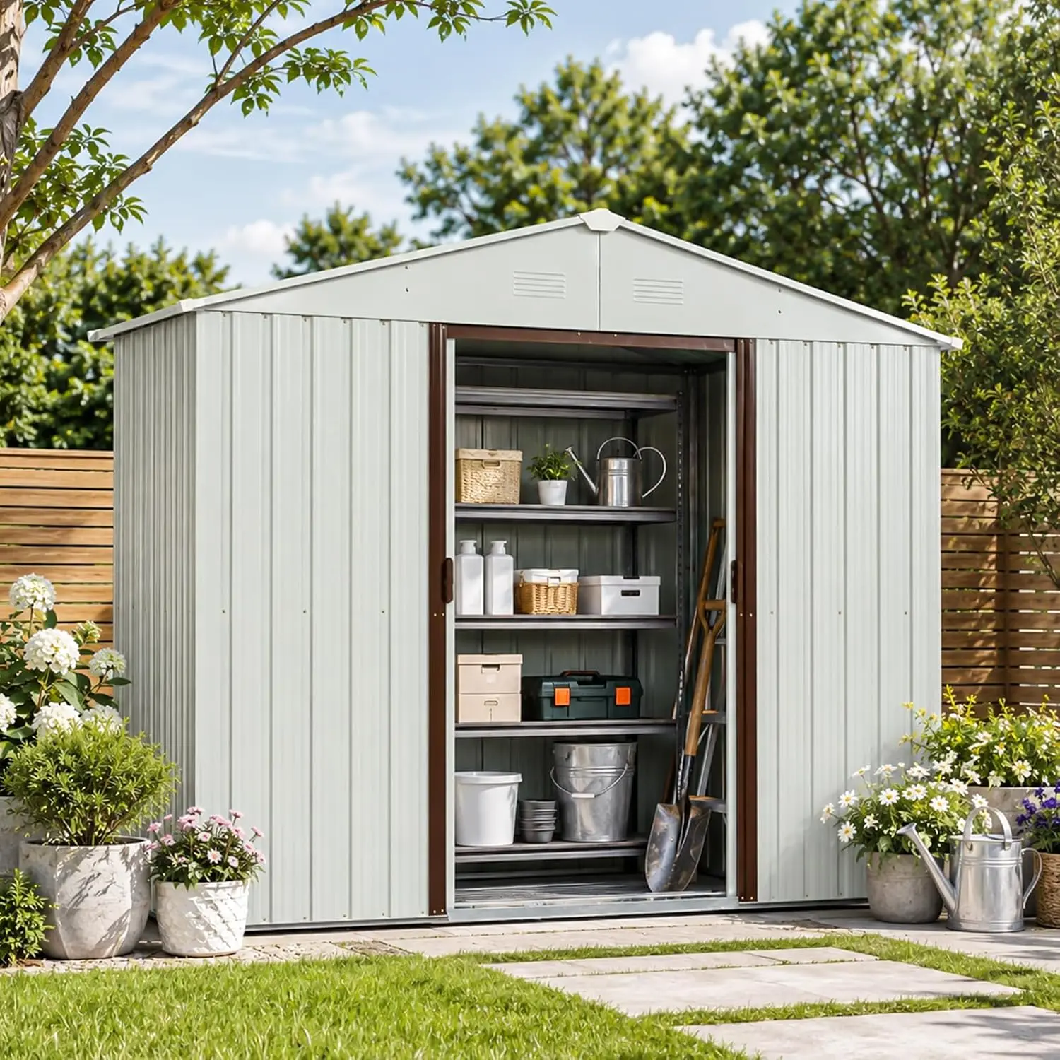 Outdoor Storage Shed 7.74 x 4.29ft,Metal Garden Shed with Floor Frame,Sliding Door,Waterproof, Tool Storage Shed,Customized