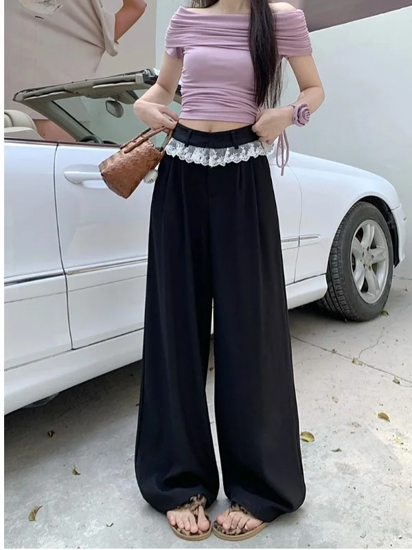 

High Waist Wide Leg Suit Pants Casual Lace Splicing Women's Loose Floor Length Trousers Spring 2026 Design Sensation