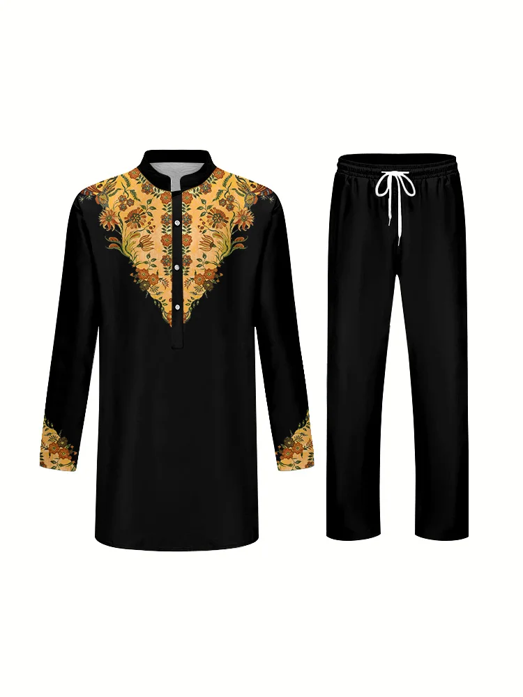 Casual Trendy Mens Suit Long Sleeve Blouson Collar Shirt and Trousers Gorgeous 3D Printed Two Piece Set Religious Culture