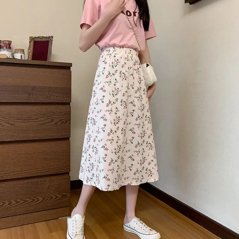

Midi High Waist Skirts Women Harajuku Casual Daily Floral A-line Classic Slim Gentle Sweet Girls College Cozy Streetwear Summer