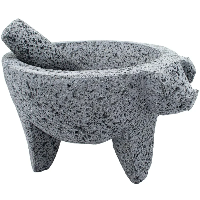 9 inch Molcajete Mortar and Pestle with Pig Design, Mexican Handmade with Lava Stone Ideal as Herb Bowl, Spice Grinder, Volcanic