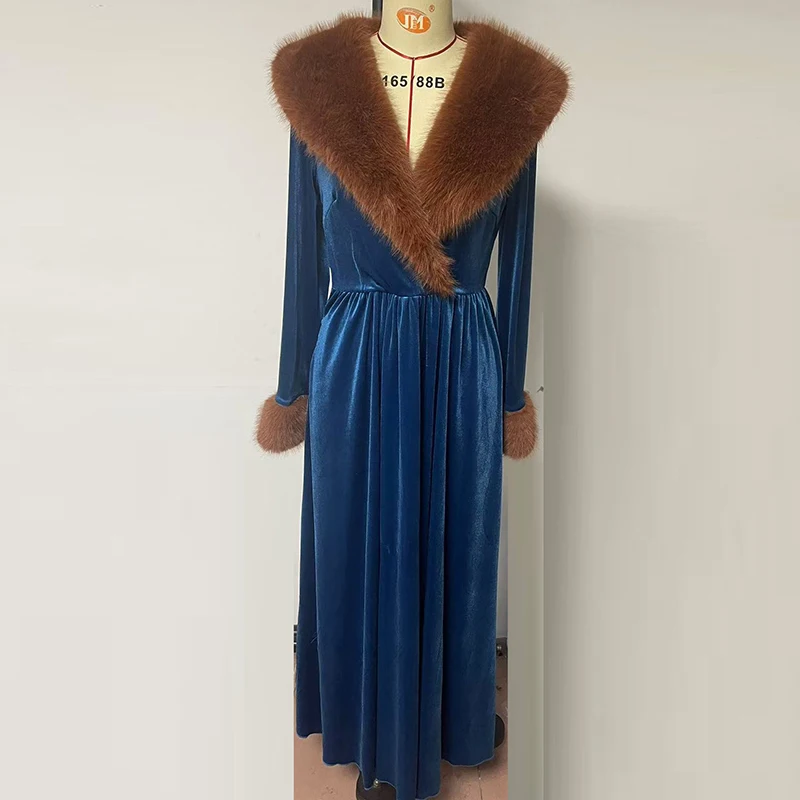Women Chic Bohemian Fur Collar V-Neck Maxi Dresses Autumn Retro High Waist A-line Dress 2025 Loose Pattern Print Party Dress