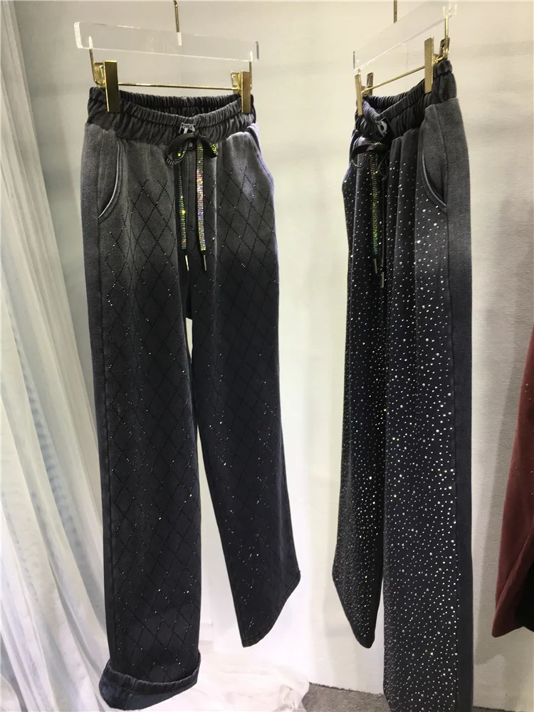 Pantalon de survêtement taille haute pour femme, jean slim noir, pantalon long diamant de luxe, jean décontracté rembourré en velours, offres