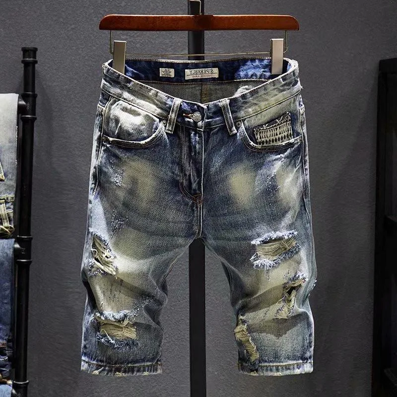 2025 صيف جديد موضة الاتجاه مستقيم الساق خمر ممزق الدينيم السراويل الرجال عادية فضفاض الرياضة عالية الجودة حجم كبير السراويل #3