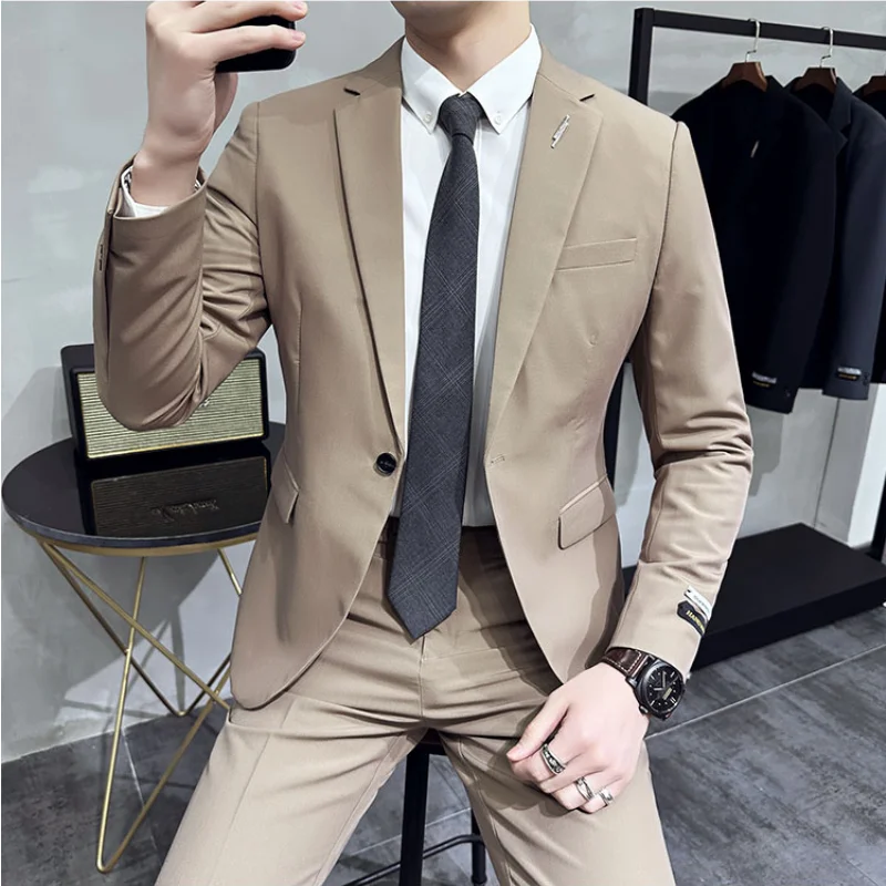 (Jacket+Pant) Handsome Casual Beige 2 Piece Suit For Men Wedding Tuxedos Men Slim Fit Suits Business Party Prom Dress Homme 4XL