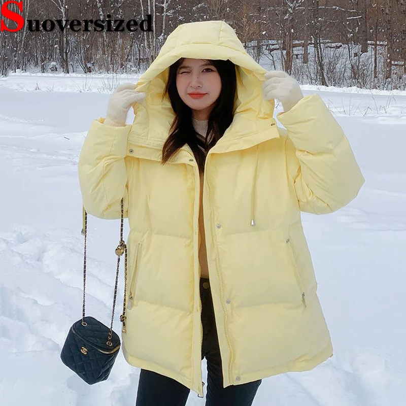 

Korean Winter Hooded Parkas Oversized 85kg Warm Coats Thicken Windproof Women's Jackets Fashion Loose Down Cotton Chaquetas