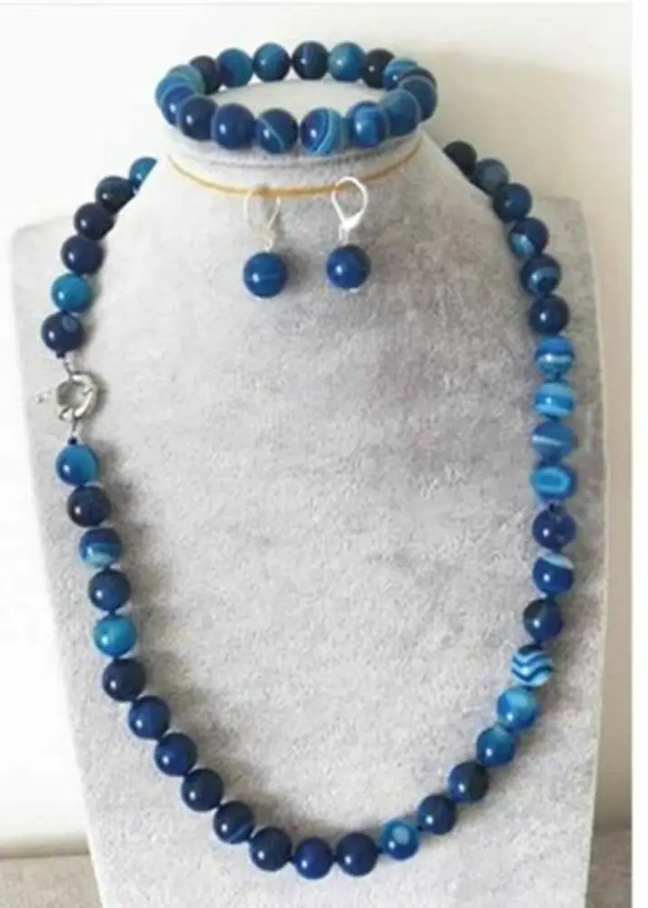 

8/10/12/14mm Natural Blue Stripe Agate Round Beads Necklace Bracelet Earring Set