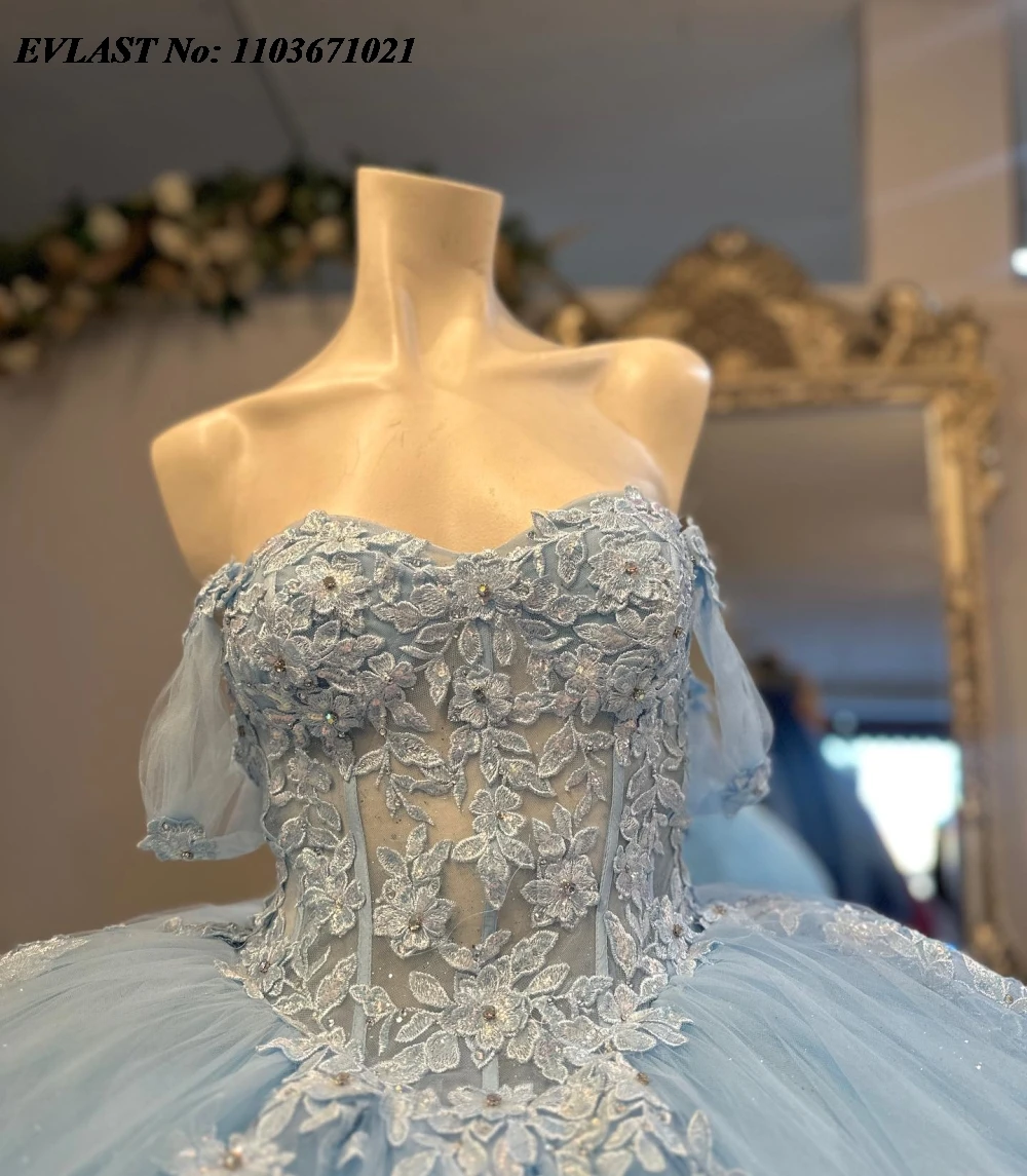 EVLAST Personalizzato Blu Abito Quinceanera Abito di Sfera Applique di Pizzo In Rilievo di Cristallo Messico Corsetto Dolce 16 Abiti Da 15 Anos SQ650