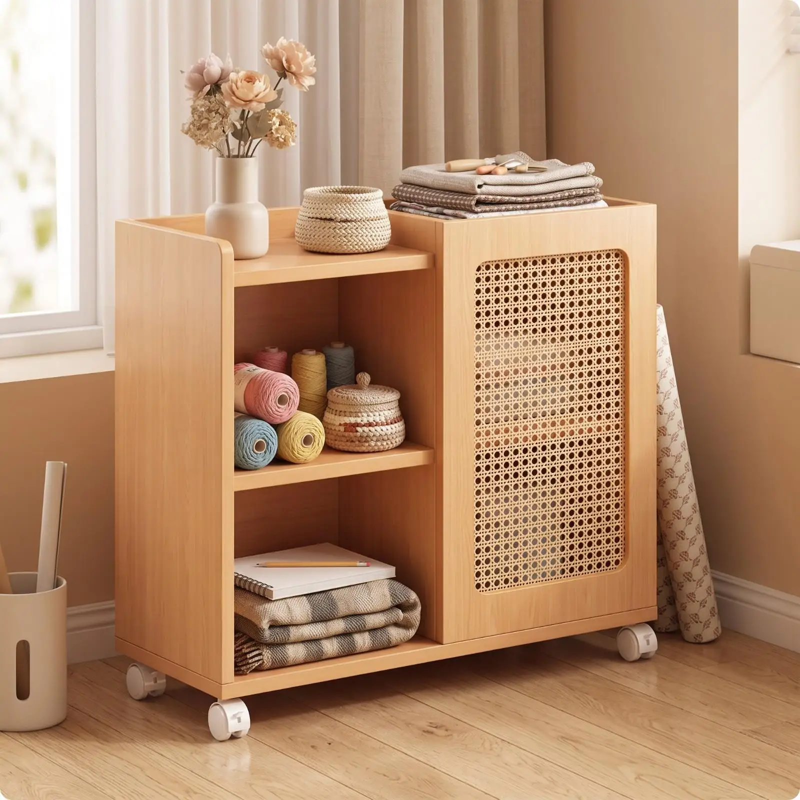 Functional Wood Rattan Storage Cabinet for Gym Accessories with Smooth Glide Caster Wheels