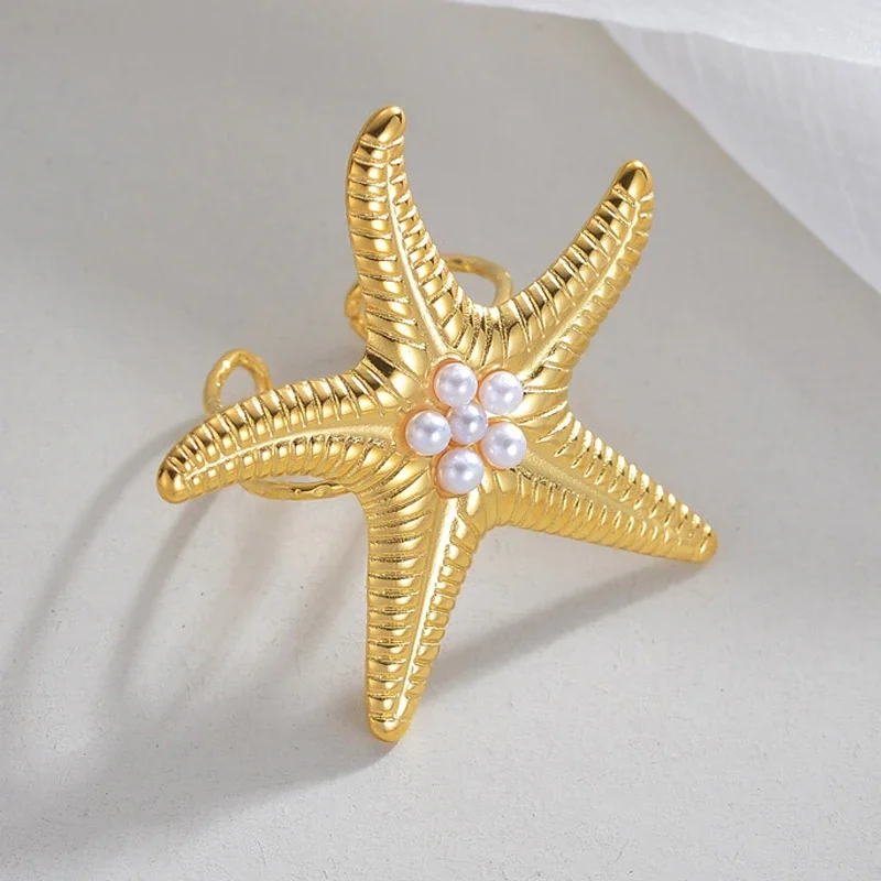 Exquisite Stainless Steel Starfish Imtation Pearl Open Rings For Women Gold Plated Ocean Style Wide Rings Fashion Jewelry Gifts