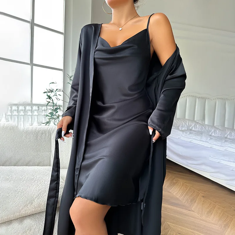 Female Twinset Robe Set Sexy Black Long Kimono Bathrobe Gowm Spring Summer Silk Satin Sleepwear Nightdress Loose Casual Homewear