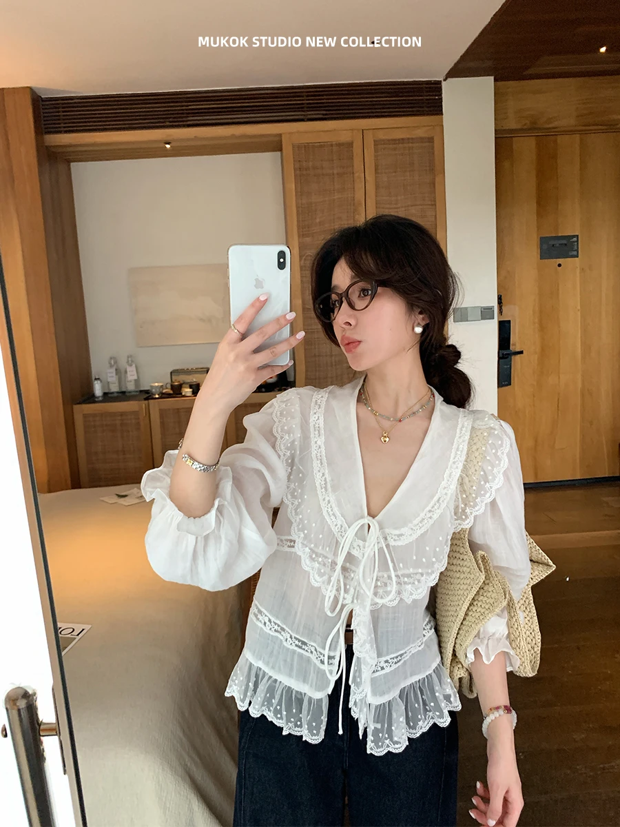 

Женская льняная рубашка MUKOK с рукавами-фонариками, V-образным вырезом, кружевной отделкой и поясом, летняя, новый стиль, дышащая, комфортная, во французском стиле