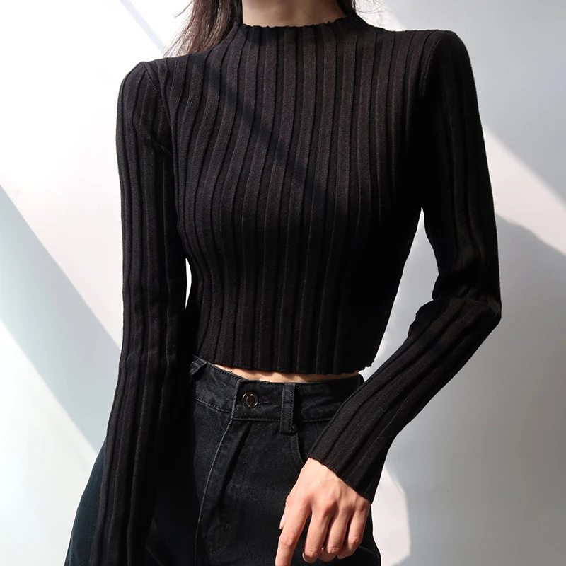 Spring Vintage Womens Clothes Black White Pullovers Sweater Women  Long Sleeve Knitted Crop Tops Female