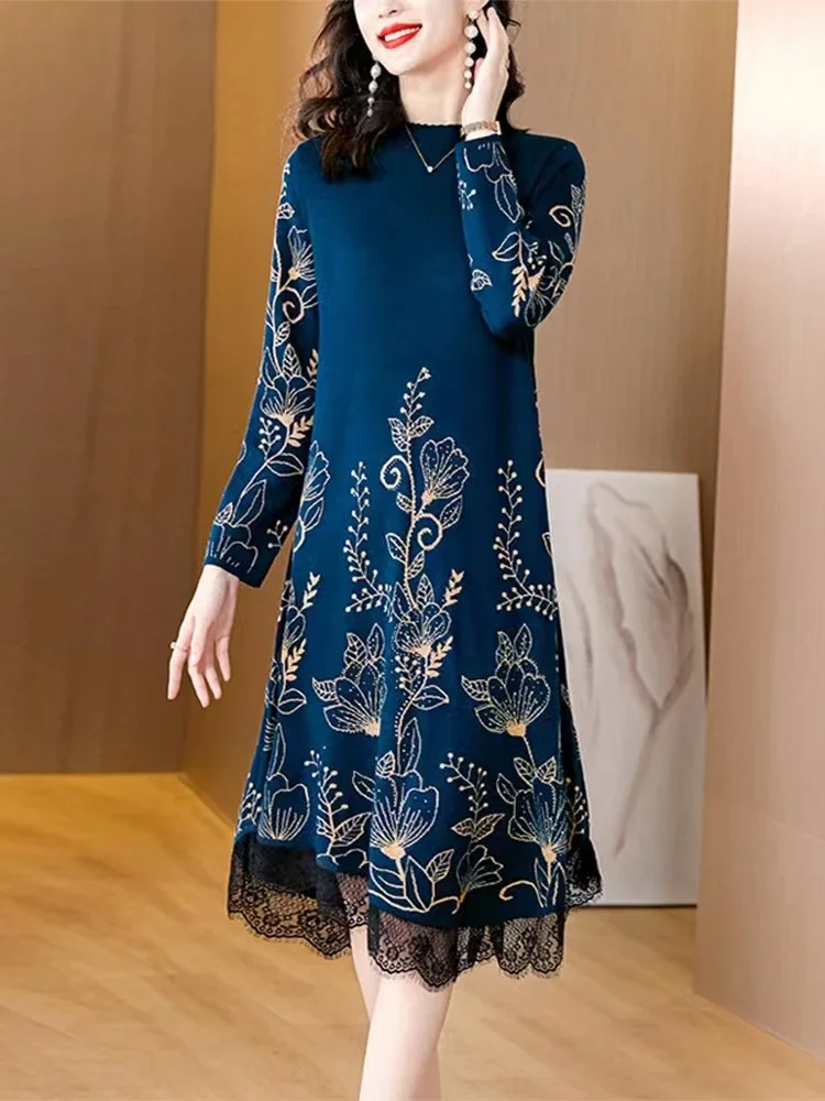 

Autumn Winter Blue Floral Knitted Woolen Pullovers Women Luxury Chic Lace Ruffled Sweaters 2024 Black Elegant Sweaters F437