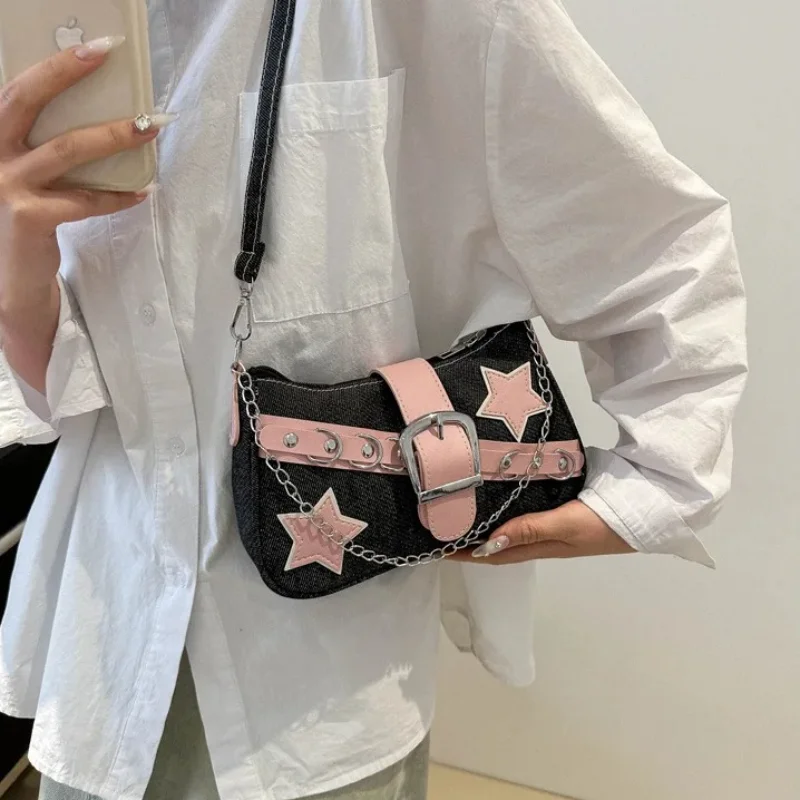 

Y2k Cool Hot Girls Denim Shoulder Bags Vintage Rivet Star Women's Chain Underarm Bag Contrasting Color Female Portable Handbag