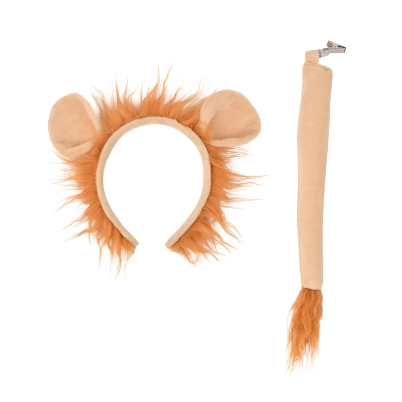 

N80C Kids Animal Costume Lion Ears Headband Tail 2 pcs Set