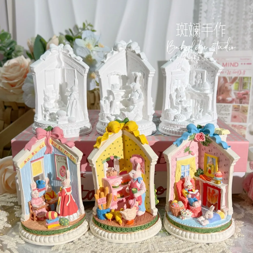 Cute Rabbit House White Mold DIY Painted Decoration Item Plaster White Blank Model DIY Painting Sculpture Figurines Gifts