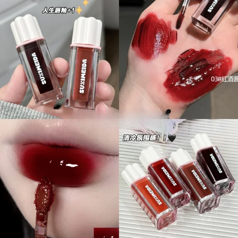 Esmalte de labios con espejo de mermelada de vino tinto, lápiz labial líquido rojo altamente pigmentado, taza antiadherente hidratante, esmalte de labios, maquillaje de tinte de labios desnudo