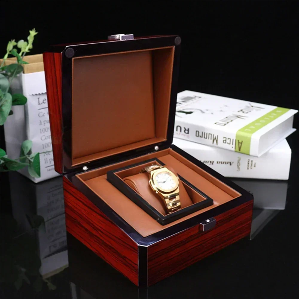 

Wholesale Customized Wine Red Baking Paint Wooden Wrist Watch Box Bangle Leather Pillow Box Storage Watch Holder Watch Gift Box