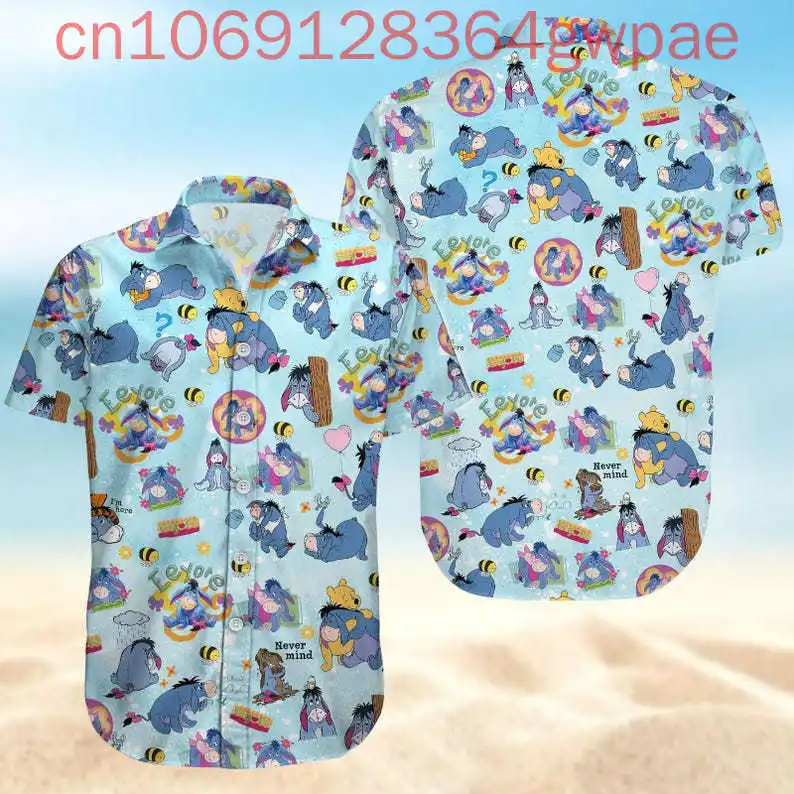 

Летние гавайские рубашки с 3D принтом Disney Eeyore, мужские и женские детские летние повседневные пляжные рубашки с короткими рукавами, модные рубашки на пуговицах