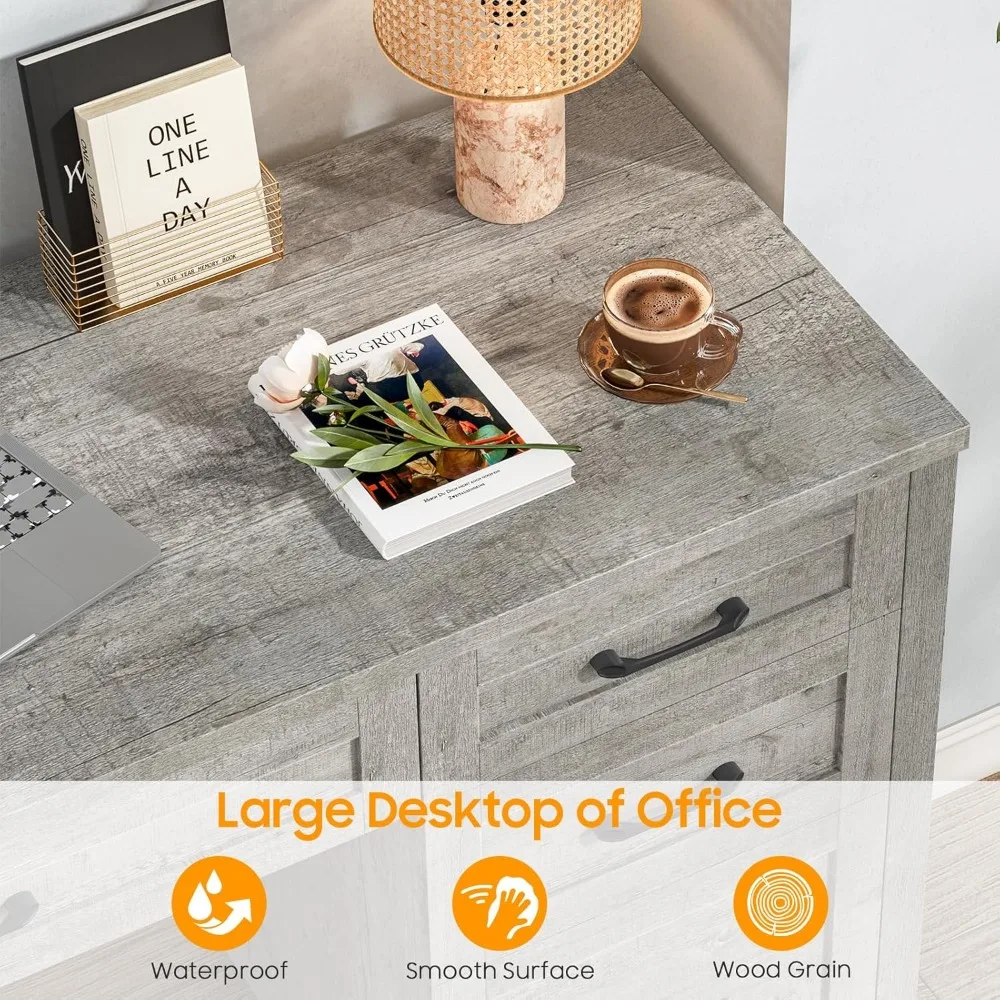 "47" grey home office desk with file drawer and charging station for executive workstation