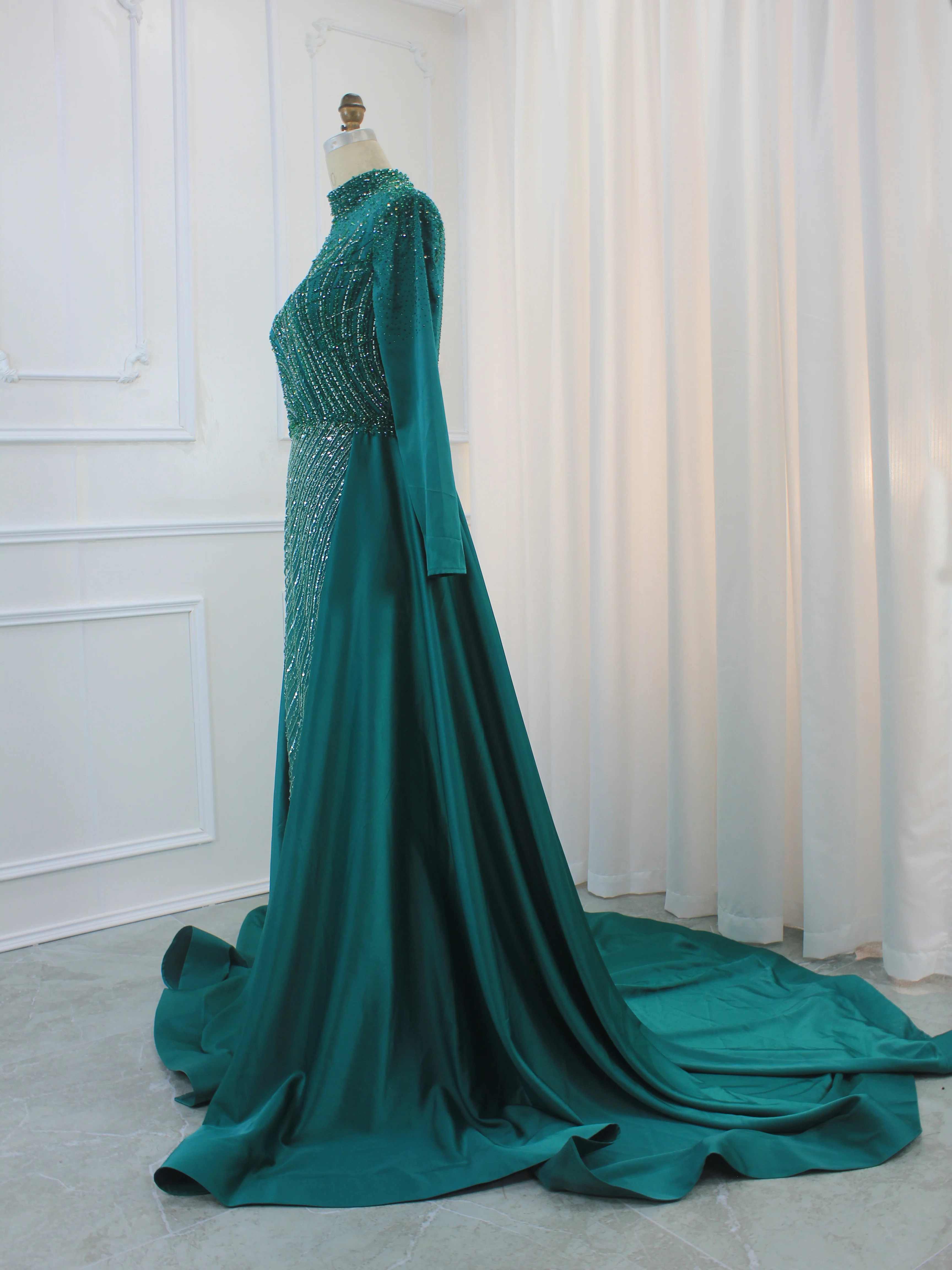 Hot Sale Green High-Neck Evening Dresses Luxury One Shoulder Beaded Long Train Formal Gowns 2024 For Women Party With Best Price