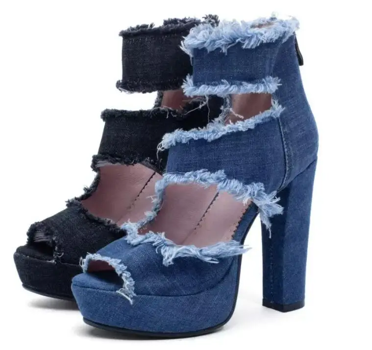Sexy Frazzled Three Denim Straps Hollow Sandals Boots Woman Chunky Heels Black Blue Jeans Peep Toe Ankle Boots